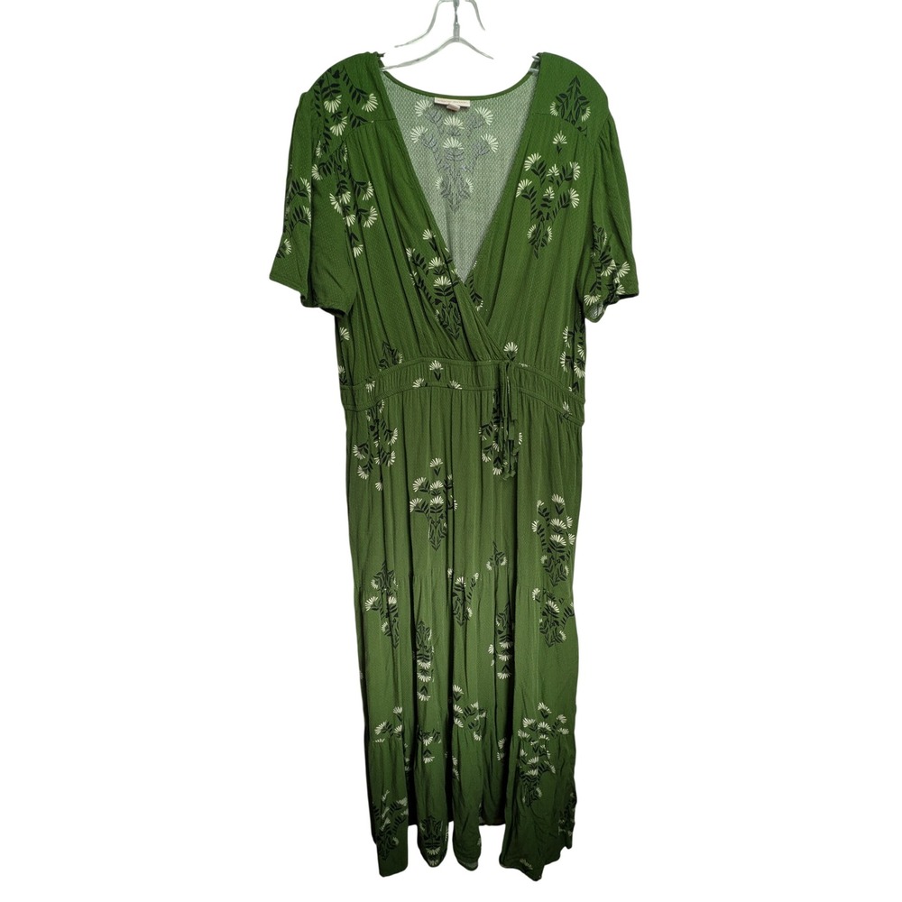 Knox Rose Womens Maxi Dress XL Green Floral V-Neck Cottagecore Pockets Whimsy